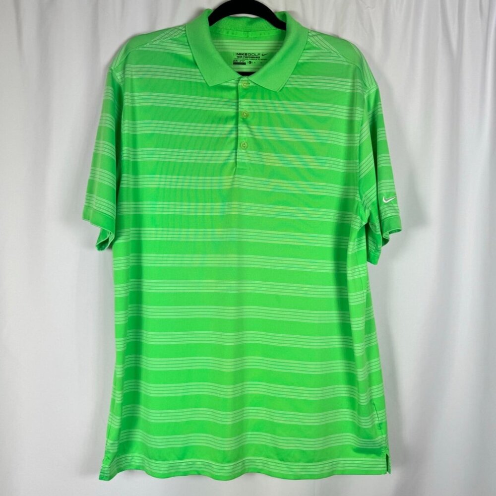 NikeGolf Tour Performance Golf Polo Shirt Green White Striped Texas Star Logo XL